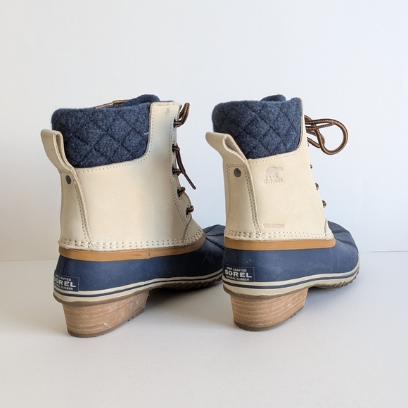 Sorel Slimpack Lace II Shell Rubber Leather Wool Boot Oatmeal Collegiate Navy 8½ - Picture 2 of 10